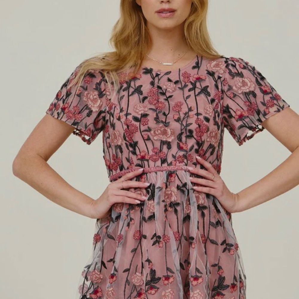 TEA N ROSE ELLIE BLUSH FLORAL EMBROIDERED TULLE BRIDAL-SHOWER MIDI DRESS